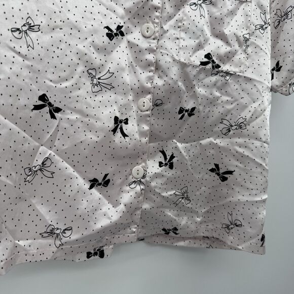 Exit 51 Vintage Pink Satin Bow Pajama Top Polka Dot Size Small - Picture 3 of 7